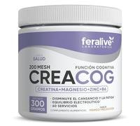 Feralive Laboratories CreaCog Polvo 300g - Creatina 3g + Magnesio, Zinc y Vitamina B6 - Suplemento para Fuerza, Función Cognitiva, Recuperación y Menos Fatiga - 60 Servicios (Mango-Melocotón)