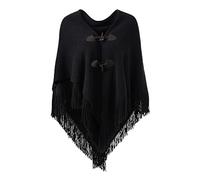 Ferand Poncho de Frente Abierto para Mujer, Chal Holgado con Flecos para Otoño Invierno - Talla única - Negro