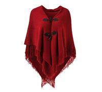 Ferand Poncho de Frente Abierto para Mujer, Chal Holgado con Flecos para Otoño Invierno - talla única - Rojo