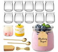 Ferenando 12 Piezas Vasos Yogurtera con Tapa & Cucharada, 200ml Botes Cristal Pequeños, Tarros de Cristal con Tapa Pequeños, Papel Kraft y Cordel para Yogur, Postres, Flanes, Mermeladas, Miel