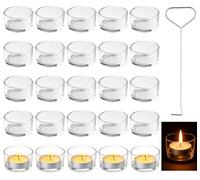 Ferenando 25 Piezas Portavelas de Té con Apagavelas, Ø4.5 cm y H2.5 cm Portavelas de Cristal, Transparente Porta Velas Cristal Pequeñas para Bodas, Fiesta, Navideñas, San Valentín, Decoración de Mesa