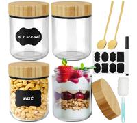Ferenando 4 Piezas 500ml/16oz Tarros de Cristal con Tapa & 2 Cucharada, Overnight Oats Jar con Tapa de Rosca, Bote Cristal Hermetico para Yogur,Batido,Avena,Mermelada,Especias,Preparación de Comidas