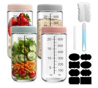Ferenando 4 x 750ml Overnight Oats Jar, Tarros de Cristal con Tapa Hermética Graduado, Frascos de Vidrio con Tapa & Pegatinas, Botes Cristal Mason Jar para Overnight Oats, Ensaladas, Yogur, Pudín