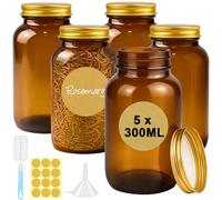 Ferenando 5 x 300ml Tarros de Vidrio Ámbar con Tapa de Aluminio, Tarros de Cristal con Tapas, Botes de Cocina para Almacenar Especias, Hierbas, Té, Café, Frutos Secos (Protección Antihumedad)