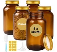 Ferenando 5 x 400ml Tarros de Vidrio Ámbar con Tapa de Aluminio, Tarros de Cristal con Tapas, Botes de Cocina para Almacenar Especias, Hierbas, Té, Café, Frutos Secos (Protección Antihumedad)