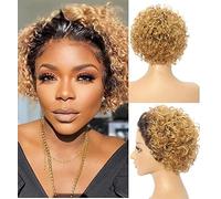 Fereowth 13x1 Frente encaje Peluca rizada corta de cabello Short Curly Lace Front Wig brasileñas virgen de cabello humano para mujer Peluca rizada corta de cabello virgen 100% sin procesar 6 pulgada
