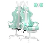 Ferghana Silla Gaming Ergonomica con Masaje Racing y Reposapiés Kawaii, Sillon de Juegos Gamer con Reposacabezas Reclinable y Orejas de Conejo para Oficina, Verde Menta