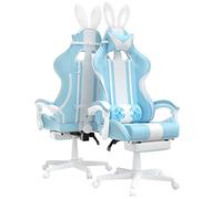 Ferghana Silla Gaming Ergonomica con Masaje, Silla Oficina con Reposacabezas y Reposapiés, Sillon de Juegos Kawaii Racing con Orejas de Conejo Azul Claro