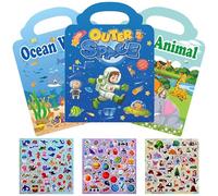 Ferizzia 3 Piezas Libros de Pegatinas Reutilizables, Libros de 3D Pegatinas Impermeables Juguetes, Esponjosas y Removibles, para Niños de 2 a 4 Años, Animales, Mundo Submarino, Espacio, Regalos