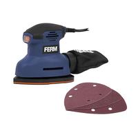 FERM Lijadora de Detalle 140W - Lijadora de Palma Delta 140x140x100mm - 12.500 opm con Aspiración de Polvo, Softgrip y 3 Hojas de Lija - Ideal para Esquinas y Bordes