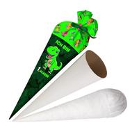 Ferocity School Cone Bag Dino 1.Class con Nombre para Niños, Bolsa Personalizada, Bolsa de Azúcar de Tela de 70 cm con Cartón Redondo en Blanco y Relleno, Bolsa Grande como Almohada [149]