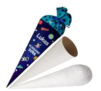 Ferocity School Cone Bag Dino Cosmos con Nombre para Niños, Bolsa Personalizada, Bolsa de Azúcar de Tela de 70 cm con Cartón Redondo en Blanco y Relleno, Bolsa Grande como Almohada [149]