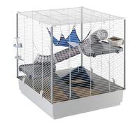 Ferplast Jaula grande para hurones FURET XL, Tres niveles con accesorios, hamaca y tubos para hurones, Estructura de alambre pintado Gris con columnas y cubeta de plástico, 80 x 75 x h 86,5 cm