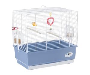Ferplast Jaula Rectangular para pájaros exóticos y Canarios Rekord 3, con Accesorios y comederos giratorios, Robusto Alambre Pintado Blanco y cubeta de plástico Azul, 49 x 30 x h 48,5 cm
