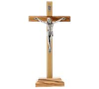 Ferrari & Arrighetti Crucifijo de mesa de madera de olivo | Cristo de metal | Artículo religioso decorativo | Idea regalo bautizo comunión confirmación | 22 cm