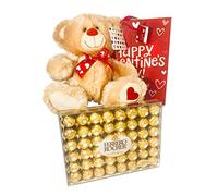 Ferrero Rocher - Caja de diamantes de avellana, 48 unidades, de peluche de oso de peluche de 12 pulgadas, bolsa de regalo, con temática de amor, para novia, esposa, amiga, cesta de regalo para amantes
