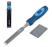 Ferrestock FSKFMG008 Formón para madera fabricado en acero al cromo vanadio, mango engomado bimaterial, 8mm de ancho, cantos biselados, funda de transporte y piedra de afilado