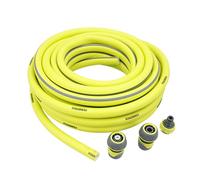 Ferrestock Manguera de Jardín de 20 Metros, 5/8" de Grosor (15,8mm), Antitorsión, PVC Flexible con Refuerzo de Poliéster, 3 Capas, Resistente a los Rayos UVA, Antialgas, Incluye Accesorios.