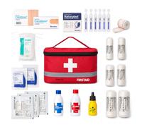 FERRETELIX® Botiquín de Primeros Auxilios Completo - Neceser Rojo Reflectante 26 × 14 × 14 cm con Material de Cura - Kit Portátil para Coche, Hogar, Trabajo, Viaje, Camping y Excursiones