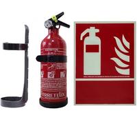 FERRETELIX® Extintor de 1 kg ABC + Cartel Fotoluminiscente 31x20 cm Homologado + Soporte de Montaje - Para Coche, Hogar, Oficina, Caravana, Barco o Barbacoa - Año 2025