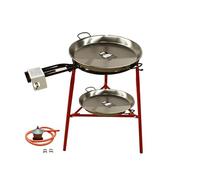 FERRETERIA LEPANTO Kit Paellero, Kit Paellero, Quemador a Gas butano, paellera acero pulido, regulador de Gas + 1,5 metros de Manguera, soporte de 3 Patas reforzadas (Pulido, 55 CM)