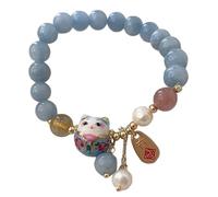 Ferricult Pulsera de gato para mujer, pulsera de buena suerte de cristal azul con dije de gato de cerámica, joyería Feng Shui para riqueza y protección decoración del hogar