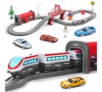 Ferrocarril Niños Eléctrico, 67 Piezas Tren Juguetes Juegos con Operado y Figura Ocho Pistas Magnéticas, Compatible con Brio, Regalo para Niños 3 4 5 6 7 8 Años (Niños y Niñas)-Rojo