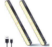 Ferswe 2 Piezas Luz Armario Sensor Movimiento, Pantalla de nivel de batería, 60LED Recargable bateria de cocina, control táctil regulable, luces debajo del mostrador para Pasillo, Armario, 3000K