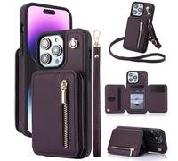 Fertilvrsus Phone Case,Fertilvrsus Wallet Case, Pu Leather Flip Cover with Hand Straps,with Strap Credit Card Slots Crossbody with Zipper for Iphone 15/14/13/12 (for iPhone15 Pro,Dark Purple)