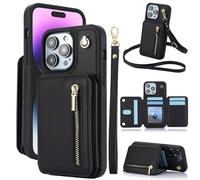 Fertilvrsus Phone Case, Wallet Case for iPhone 11/12/13/14/15/16 E Series, PU Leather Flip Cover with Hand Strap, Wrist Strap & Crossbody Lanyard (Black,16)