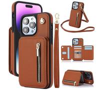 Fertilvrsus Phone Case, Wallet Case for iPhone 11/12/13/14/15/16 E Series, PU Leather Flip Cover with Hand Strap, Wrist Strap & Crossbody Lanyard (Brown,12)