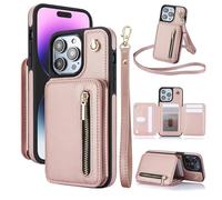Fertilvrsus Phone Case, Wallet Case for iPhone 11/12/13/14/15/16 E Series, PU Leather Flip Cover with Hand Strap, Wrist Strap & Crossbody Lanyard (Rose Gold,11)