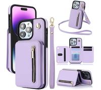 Fertilvrsus Phone Case, Wallet Case for iPhone 11/12/13/14/15/16 E Series, PU Leather Flip Cover with Hand Strap, Wrist Strap & Crossbody Lanyard (Lavender,16E)