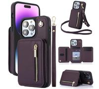 Fertilvrsus Phone Case, Wallet Case for iPhone 11/12/13/14/15/16 E Series, PU Leather Flip Cover with Hand Strap, Wrist Strap & Crossbody Lanyard (Deep Purple,14)