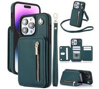 Fertilvrsus Phone Case, Wallet Case for iPhone 11/12/13/14/15/16 E Series, PU Leather Flip Cover with Hand Strap, Wrist Strap & Crossbody Lanyard (Green,14)