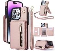 Fertilvrsus Wallet Phone Case for iPhone 16 15 14 13 12 Pro MAX, PU Leather Flip Cover with Card Slots, Wrist Strap & Crossbody Lanyard Zipper Pocket (Rose Gold,16PROMAX)