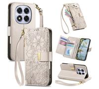 Fertuo Funda para Xiaomi Poco F7 Ultra, Flores Case Libro con Tapa de Cuero PU Piel con Tarjetero, Soporte, Cierre Magnético y Correa de Muñeca Flip Cover Carcasa Antigolpes, Blanco