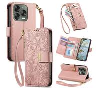 Fertuo Funda para ZTE Blade V70 Vita, Flores Case Libro con Tapa de Cuero PU Piel con Tarjetero, Soporte, Cierre Magnético y Correa de Muñeca Flip Cover Carcasa Antigolpes, Rosa
