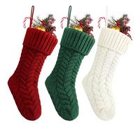 Fesciory Medias de Navidad de 18 pulgadas a granel, paquete de 3 medias de punto trenzado de gran tamaño para colgar en la chimenea, para decoración de fiestas de Navidad, color borgoña y marfil,
