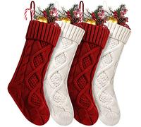 Fesciory Paquete de 4 medias de Navidad de 18 pulgadas de gran tamaño para calcetines de punto de cable, regalos y decoraciones para fiestas familiares, fiestas de Navidad, blanco marfil y burdeos