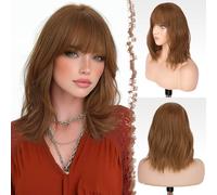 FESHFEN Auburn Pelucas Ondulado con Flequillo para Mujer, 35 cm Peluca Bob Rizado Corta Sintética Pelucas de Cabello Parte Media Longitud del Hombro de Fiesta