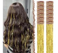 FESHFEN Clip in Tinsel Glitter Extensiones de Cabello 12 Piezas Accesorios Brillantes para Fiesta y Look Hada, Kit de Mechas para Mujer, Dorado 50 cm