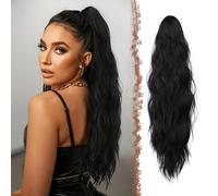 FESHFEN Cola Postiza Pelo Natural - Ondulada Larga Coleta Postiza con Pinza Ponytail Clip de Extensiones de Cabello Sintética Postizos para Mujeres, 63 cm Negro