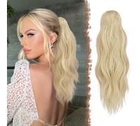 FESHFEN Coleta Postiza Larga con Pinza, Ondulada Cola de Caballo Extensión 50 cm Clip de Garra en Extensión Ondulado Extensiones de Cabello Sintética para Mujeres Rubio Ceniza Pálido