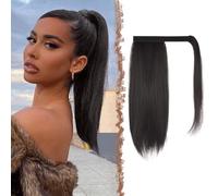 FESHFEN Coleta Postiza Lisa Pelo, 35 cm Largo Liso Ponytail Extension Envolver alrededor Cola de Caballo Extensiones Sintéticas Clip Postizos de Pelo para Mujeres, Marrón Negro