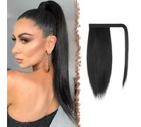 FESHFEN Coleta Postiza Lisa Pelo, 35 cm Largo Liso Ponytail Extension Envolver alrededor Cola de Caballo Extensiones Sintéticas Clip Postizos de Pelo para Mujeres, Negro natural