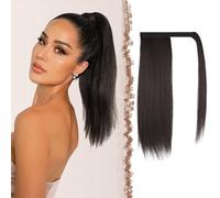 FESHFEN Coleta Postiza Lisa Pelo, 40 cm Largo Liso Ponytail Extension Envolver alrededor Cola de Caballo Extensiones Sintéticas Clip Postizos de Pelo para Mujeres, Marrón más Oscuro