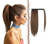 FESHFEN Coleta Postiza Lisa Pelo, 40 cm Largo Liso Ponytail Extension Envolver alrededor Cola de Caballo Extensiones Sintéticas Clip Postizos de Pelo para Mujeres, Mezcla Marrón Auburn
