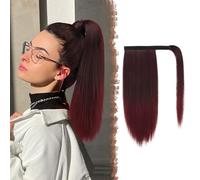 FESHFEN Coleta Postiza Lisa Pelo, 40 cm Largo Liso Ponytail Extension Envolver alrededor Cola de Caballo Extensiones Negro Ombre Rojo Sintéticas Clip Postizos de Pelo para Mujeres