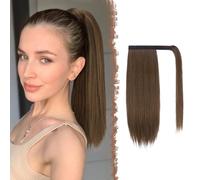 FESHFEN Coleta Postiza Lisa Pelo, 40 cm Largo Liso Ponytail Extension Envolver alrededor Cola de Caballo Extensiones Sintéticas Clip Postizos de Pelo para Mujeres, Marrón Musgo
